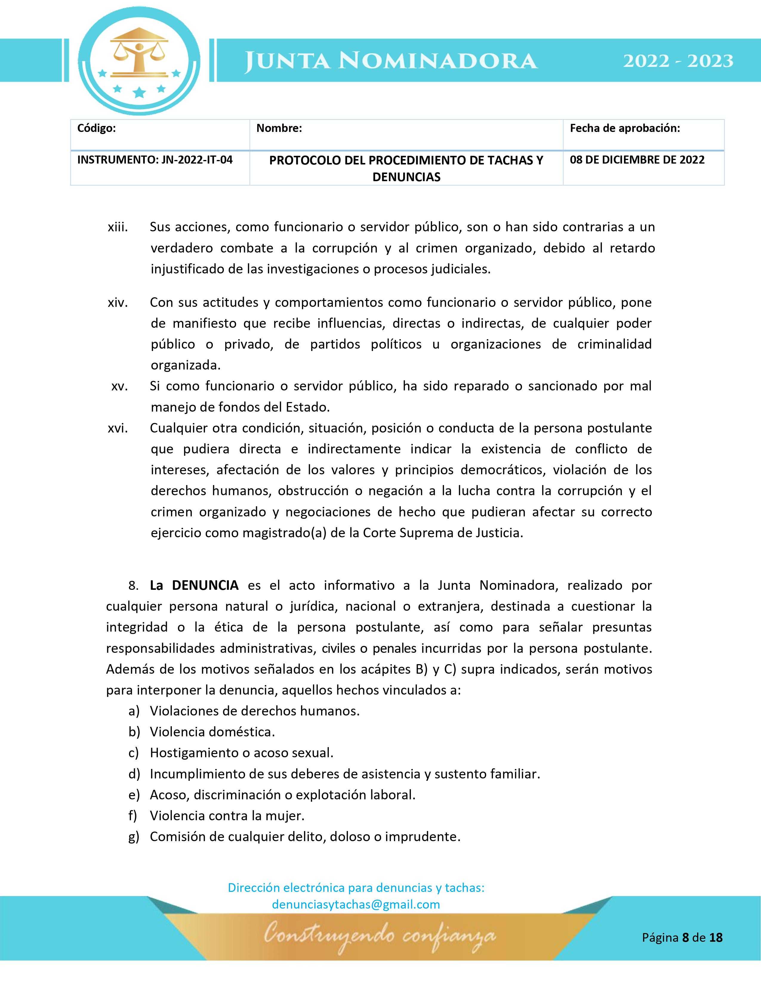 Protocolo para la etapa de tachas y denuncias